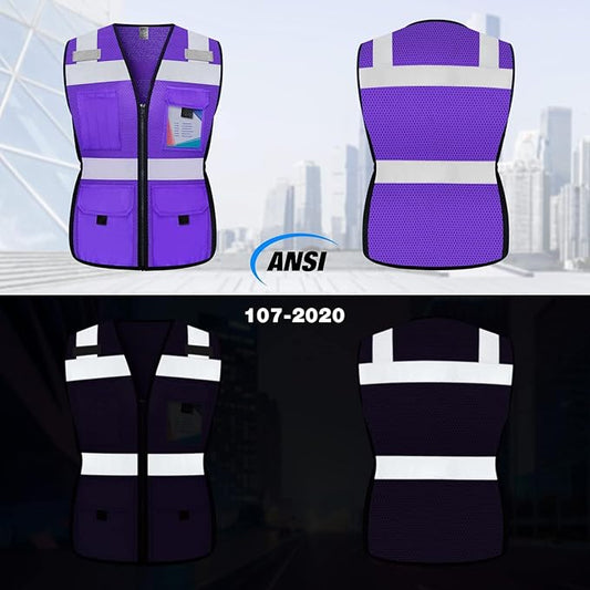 TCCFCCT Women Reflective Vest 11 Pockets High Visibility Mesh Safety Vest for Lady, Neon Construction Work Vest with Zipper, Snug-Fit, Durable with Reinforced Sewing, ANSI Compliant, Purple S