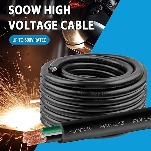 20ft 8/3 8 AWG Portable Power Cable (3 Conductor) - SOOW 600V 8 Gauge Electric Wire for Motor Leads, Portable Lights, Battery Chargers and Machinery - 3 Conductor - 20 Feet Electrical Cord