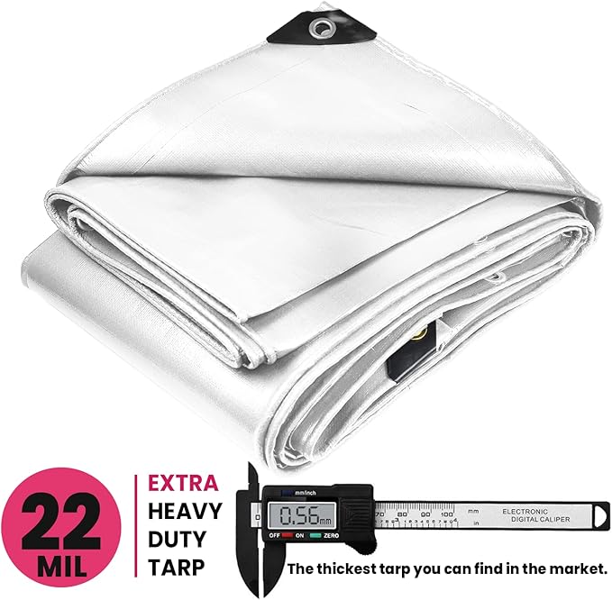 PROTARP Extreme Heavy Duty 22 Mil Tarp Cover, Waterproof, UV Resistant, Rip and Tear Proof, Poly Tarpaulin with Reinforced Edges for Roof, Camping, Patio, Pool, Boat. (White 20′ X 20′)