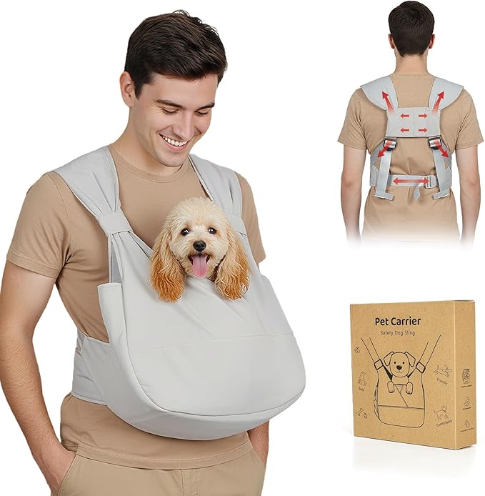 Dog Sling Carrier for Small Dogs with Bottom Support, Adjustable Pet Front Dog Carrier-Padded Straps Reducing Back Neck Pain, Anti-Anxiety Backpack for Travel Hiking Camping, Hands Free (Grey,M)