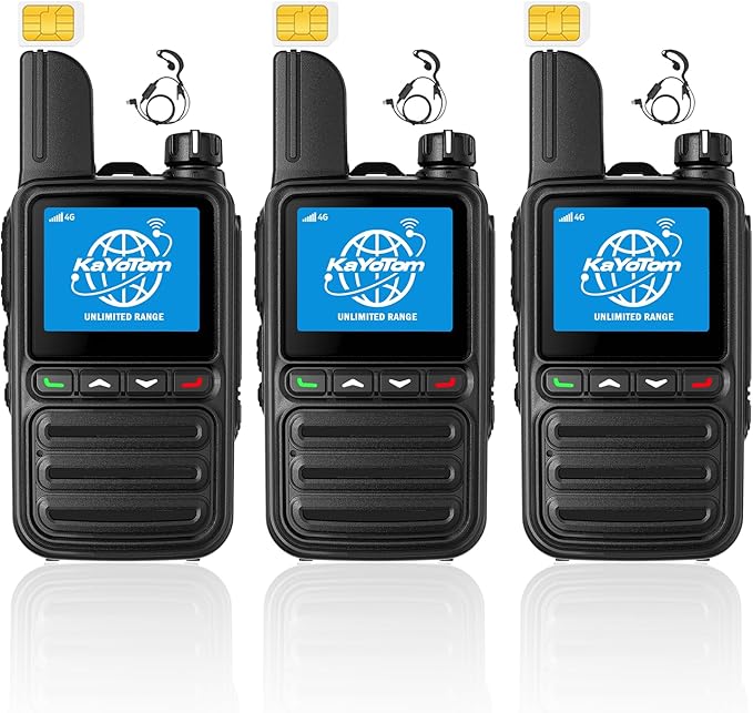 KAYOTOM Lifetime Free Global Walkie Talkies Unlimited Range PTT Push-to-Talk Over Cellular Nationwide 5000 Miles POC 4G Handheld Long Range Two Way Radio for Team (with Earphones, 3-Packs)