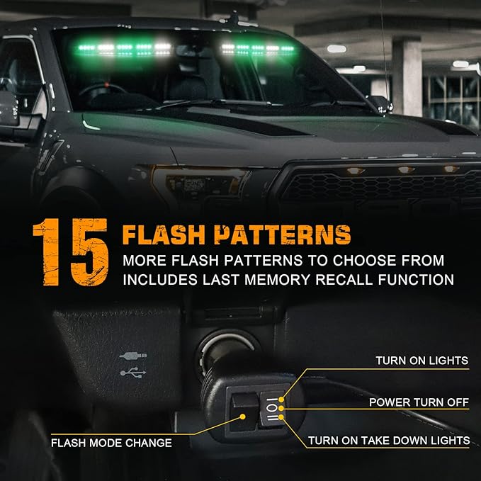 XRIDONSEN Green White Emergency Visor Lights Interior Front Windshield Strobe Lights Bar Warning Flashing Safety Hazard for Firefighter Vehicles Trucks w/Take Down, Deck Split Mount (34 inch, 40 LED)