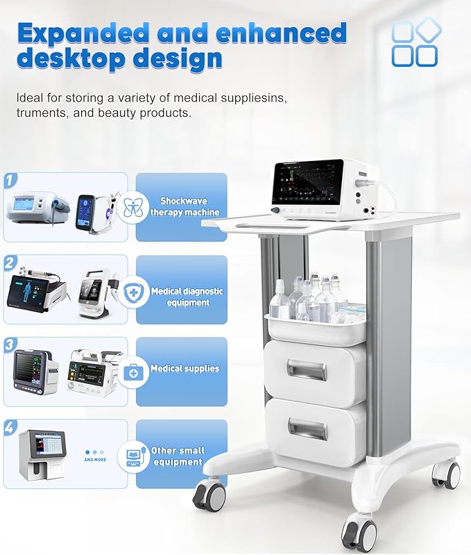 Medical Trolley Cart with Drawers, Hospital Mobile Ultrasound Cart with Trays & 4 Silent Swivel Wheels, 220 LBS Load Portable Storage Drawer for Hospital, Dental Clinic, Beauty Salon (Without Socket)