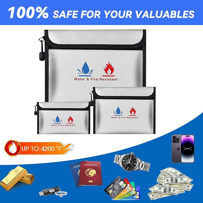 Fireproof Waterproof Money Document Bag - 3 Pack Safe Upgraded Zipper Bags, Fire & Water Resistant Storage Organizer Pouch for A4 A5 Documents Holder,File,Cash,Jewelry,Passport,Tablet,Laptop