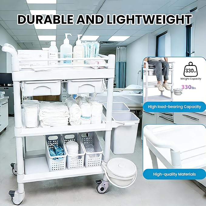 3 Tiers Medical Carts with 4 Wheels, Heavy Duty 330LBS Rolling Utility Cart with 2 Drawers, Trash Cans & Dirt Buckets, Medical Mobile Trolley Cart for Dental Clinics, Hospital and Beauty Salon