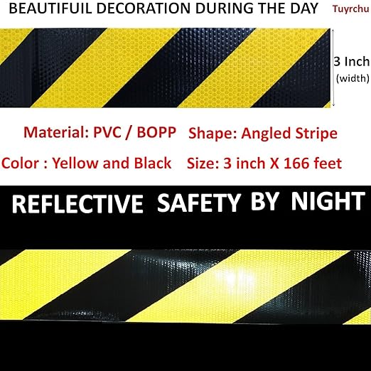 Yellow Black Reflective Tape Outdoor Waterproof 3 inch X 166 feet, High Visibility Hazard Conspicuity Safety Industrial Marking Tape