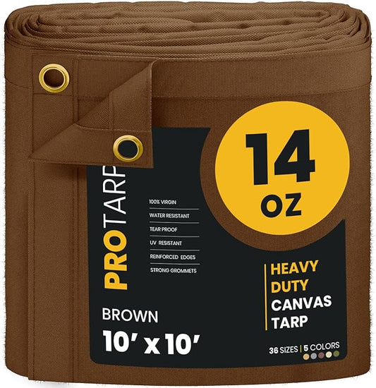 PROTARP Heavy Duty 14 OZ Water Resistant Canvas Tarp, UV Resistant Tarpaulin Cover with Rustproof Brass Grommets, Multipurpose for Canopy, Roof, Camping, Woodpile (Brown 10'X10')