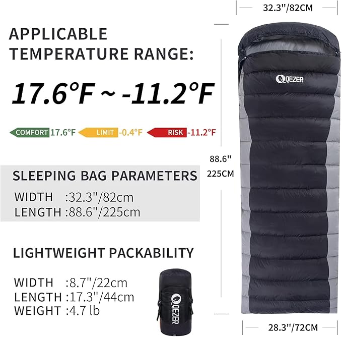 Ultralight Down Sleeping Bag for Adults - 600 Fill Power, Cold Weather, Backpacking, Camping, Hiking