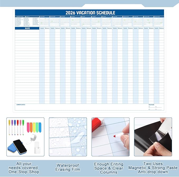 Lincia Large Magnetic 2026 Full Vacation Schedule 24" x 36" Reusable Yearly Office Whiteboard Wall Vacation Planner
