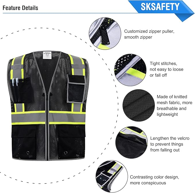 SKSAFETY 10 Pockets Safety Vest, Class 2 High Visibility Security with Zipper Double-sided mesh, Hi Vis Vest with Reflective Strips, ANSI/ISEA Standard, Construction Work Vest （Black, 5XL）