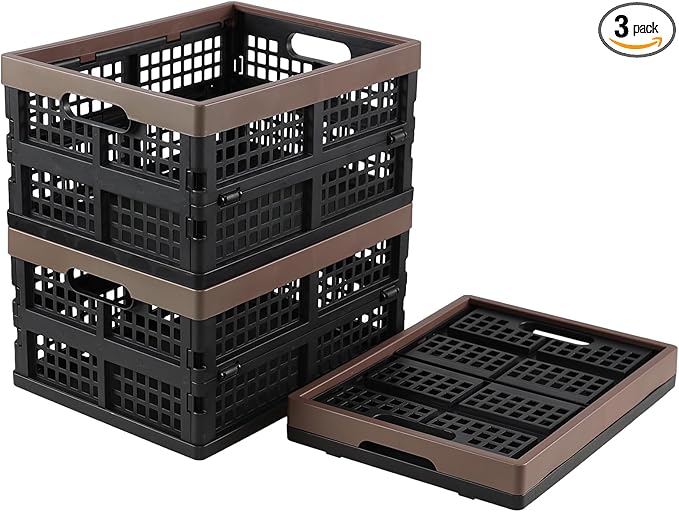 Set of 3 Plastic Collapsible Storage Crate, 15 L Stackable Folding Storage Crates with Handles, Foldable Shelf Storage Baskets