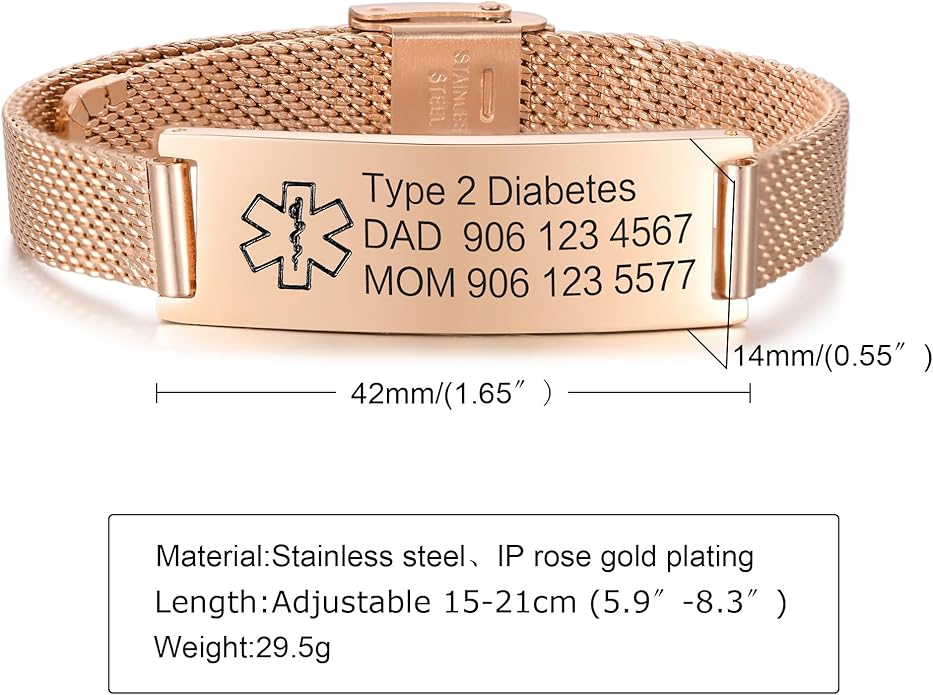 VNOX Medical Alert Bracelets for Men & Women Kids with Free Engraving Adjustable Stainless Steel Mesh Emergency Medical ID Bracelets Wristband