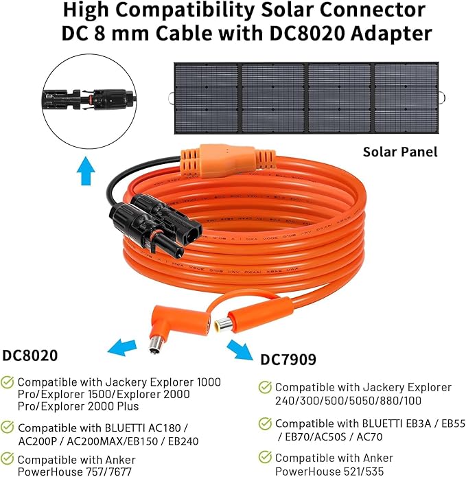 Solar Connector to DC 8mm Adapter Cable 5FT, 12AWG + 14AWG Tinned Copper Wire with DC7909 to DC8020 Adapter, Heavy Duty Charging Cable for Portable Power Station, RV, Outdoor Camping