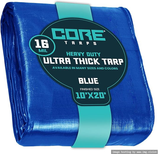 Core Tarps Extra Heavy Duty 16 Mil Tarp Cover, Waterproof, UV Resistant, Rip and Tear Proof, Poly Tarpaulin with Reinforced Edges for Roof, Camping, Patio, Pool, Boat (Blue 10′ X 20′)