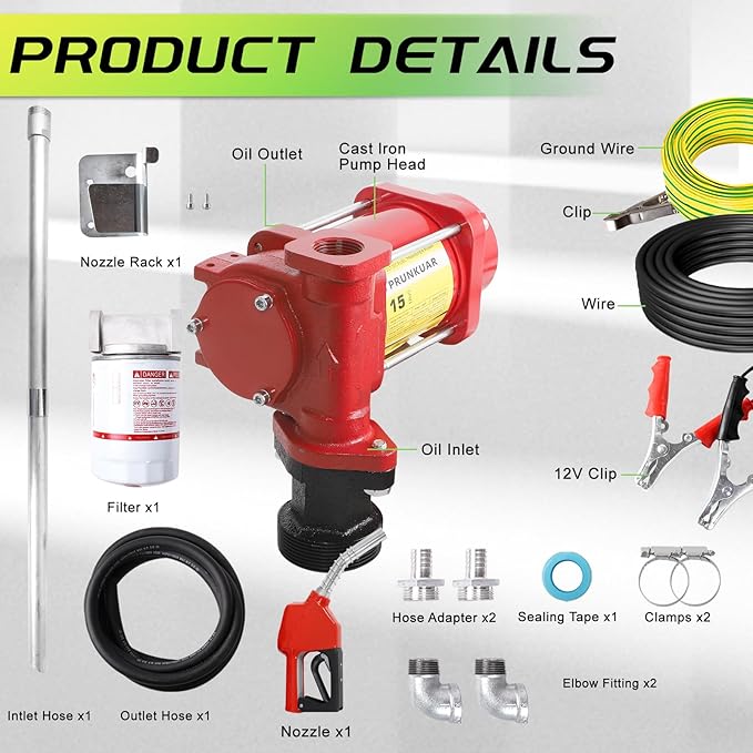 15GPM 12V Fuel Transfer Pump with Auto Nozzle, Particulate Filter for Gasoline Diesel Kerosene Biodiesel