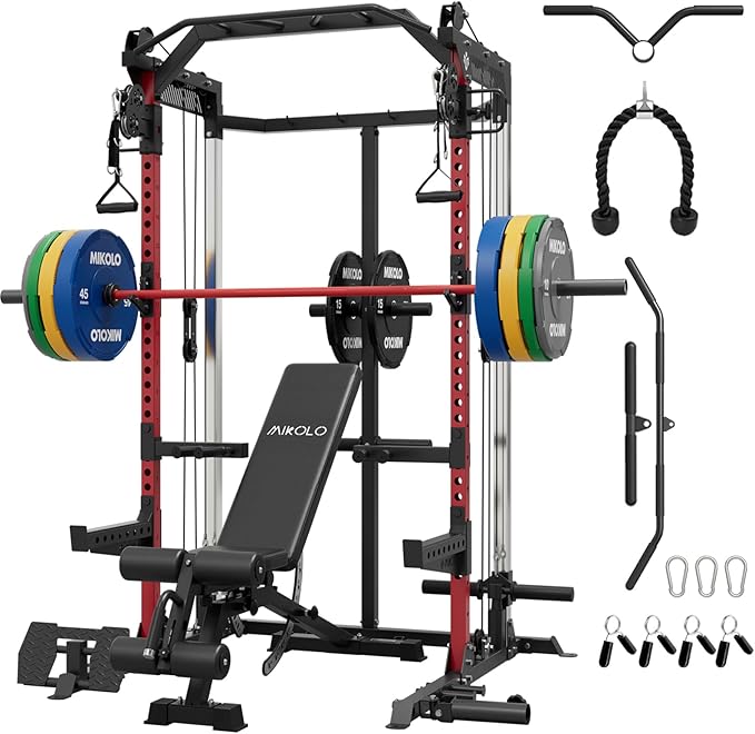 Mikolo Power Cage, 2000LB Power Rack with Independent Dual Pulley System, Multi-Function Home Gym Workout Machine for Cable Crossover