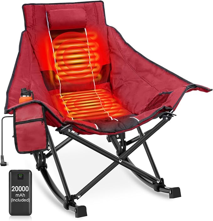 Suteck Heated Rocking Camping Chair - Oversized Heated Camping Chair W/20000mAh Power Bank & Carry Bag, Fully Padded Heated Chairs for Outdoor Sports W/3 Heat Levels for Back & Seat, Lawn Picnic Patio