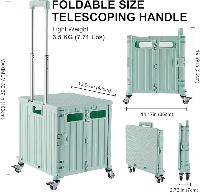 Folding Utility Cart Portable Rolling Crate Handcart Shopping Trolley Collapsible Tool Box, with Lid, Basket on 4 Rotate Wheels, for Grocery, Office, Teacher, Travel Shop Move Luggage (Green)