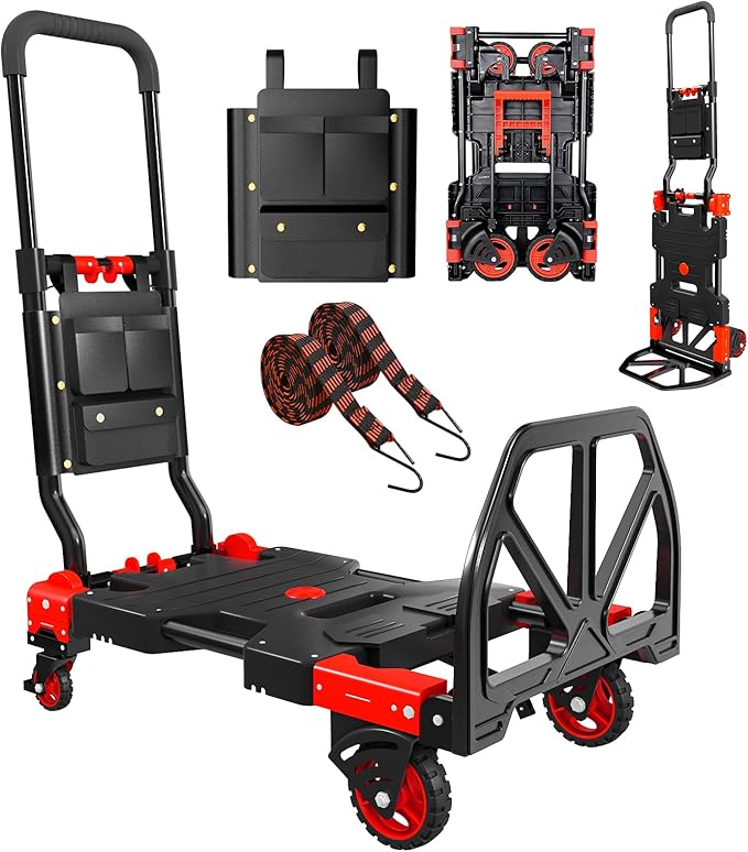 Folding Hand Truck, 2 in 1 Portable Heavy Duty Carrying Moving Dolly Cart with 4 Foldable Wheels and Retractable Handle Duty 330lbs (Red)