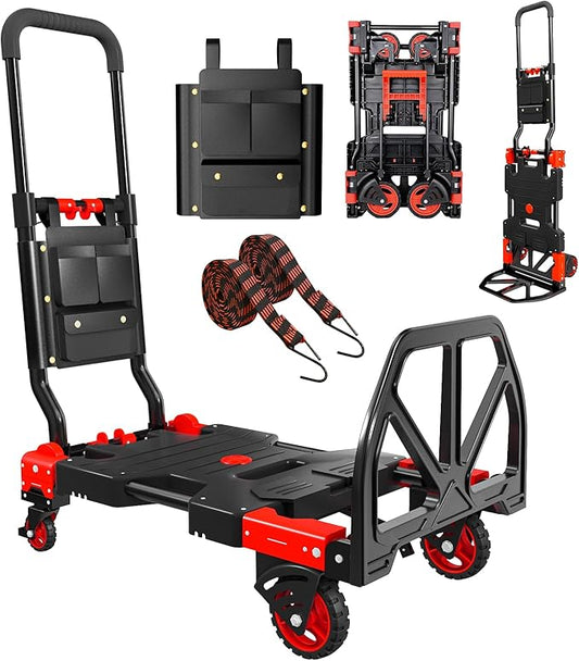Folding Hand Truck, 2 in 1 Portable Heavy Duty Carrying Moving Dolly Cart with 4 Foldable Wheels and Retractable Handle Duty 330lbs (Red)