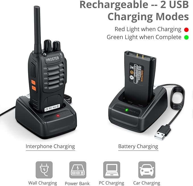 Proster Rechargeable Walkie Talkies 1 Pair - Long Range Two Way Radios 16 Channel Handheld Walky Talky, with USB Charger 2 Pack Earpiece Mic for Walkie Talkies
