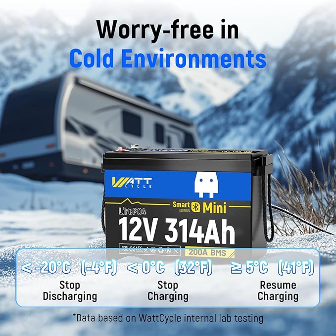Wattcycle 12V 314Ah (300Ah) Mini LiFePO4 Lithium Battery - 15,000 Cycles, Bluetooth 5.0, 200A BMS, Aluminum Fins for RV, Marine, Solar, Lightweight 12v Lithium Battery (4 Packs)