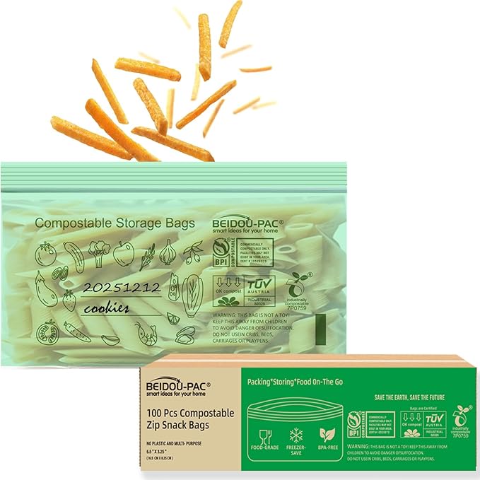 Compostable Snack Storage Zip Bags, 100 Count | 2 Mil | 6.5 IN x 3.25 IN, Freshness Easy Open Biodegradable Eco-Friendly Reclosable Compost Zipper Bags for Food On the Go