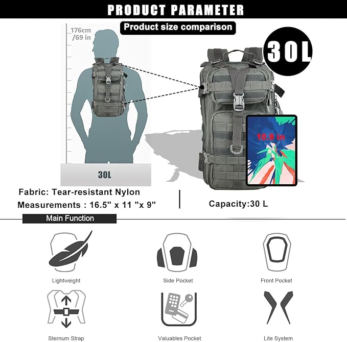 Small Tactical Backpack Military Daypack - 30L Backpack for Men Molle Assault Pack Bug Out Bag for Hiking Camping (Grey)