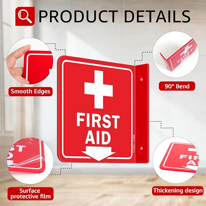 GicnKeuz First Aid Sign, 6" x 6" First Aid with Cross Symbol, Two-Sided Acrylic L-Sign for Business or Office or Wall Décor, Including Screws, Easy to Install (4 Pack)