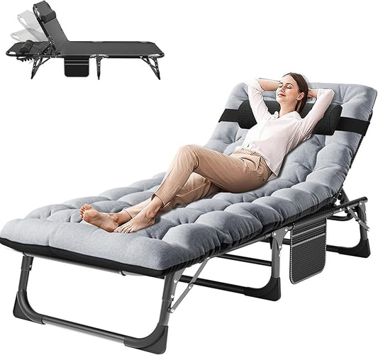 ABORON Patio Lounge Chair, Folding Guest Bed Cot for Adults, 500LB Heavy-Duty Capacity, Portable Extra Bed with Comfort Mat, Quick Fold Design for Indoor Guest Stays & Temporary Use