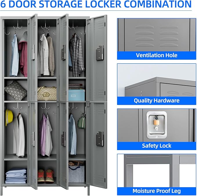 Metal Lockers with 6 Doors and 18 Hooks, 72" Tall Lockers for Employees, Home Office School Gym, Assembly Required, Light Gray