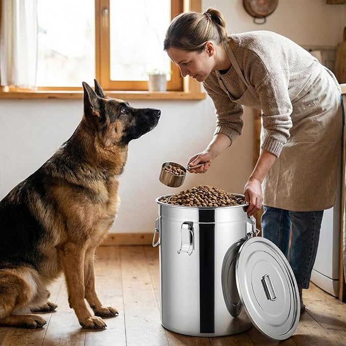 Lounsweer 2 Pack 7 Gal Stainless Steel Dog Food Storage Container with Lid and Locking Clamp 28 L Metal Airtight Container Large Stainless Steel Bucket with Food Scoop for Pet Feed (Classic)