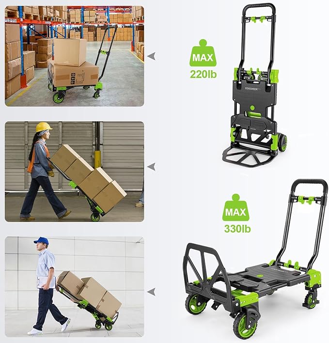 2-in-1 Folding Hand Truck Dolly 330LB Load Carrying, Hand Truck Foldable Dolly with Retractable Handle and 4 Rubber Wheels, Portable Folding Hand Cart for Moving/Travel/Office(Green)