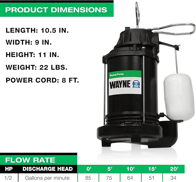 WAYNE CDU800-1/2 HP Submersible Cast Iron and Stainless Steel Sump Pump with Integrated Vertical Float Switch - 5,100 Gallons Per Hour - Heavy Duty Basement Sump Pump