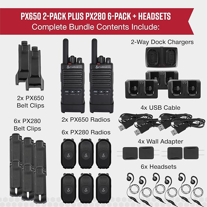 Cobra Business Radio Bundle – 8 Professional Walkie Talkies (6 PX280, 2 PX650) + 6 Headsets - Compact Long-Range Two-Way Radios, Dock Chargers, IP54 Durable, Rechargeable
