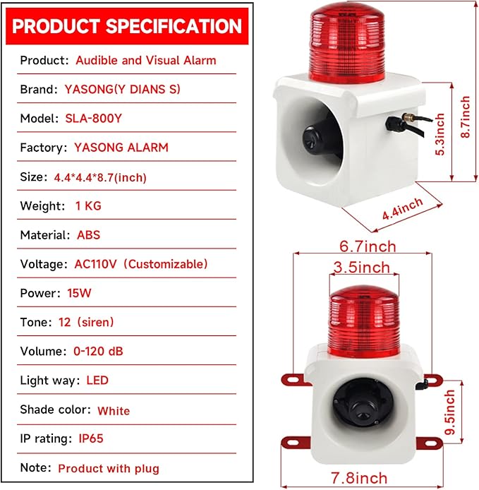 YASONG SLA-800Y Wireless Remote Control Alarm Siren(2km/1.24 mi), LED Strobe Warning Light 120dB Horn Power 15W AC110V for Loss Prevetion, Warehouse, Factories