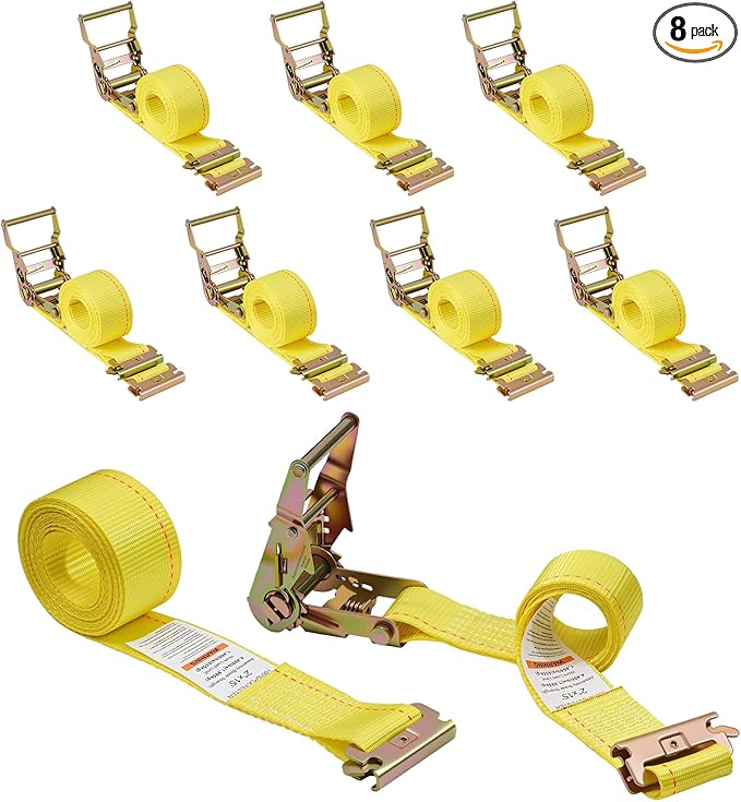 8-Pack E-Track Ratchet Straps, 4,400 LB Breaking Strength, 2" x 15' E-Track Tie Downs-2 Inch x 11.48 Feet ETrack Straps with 4 Feet Fixed End and Spring E-Fittings Yellow Logistic Ratchet Straps