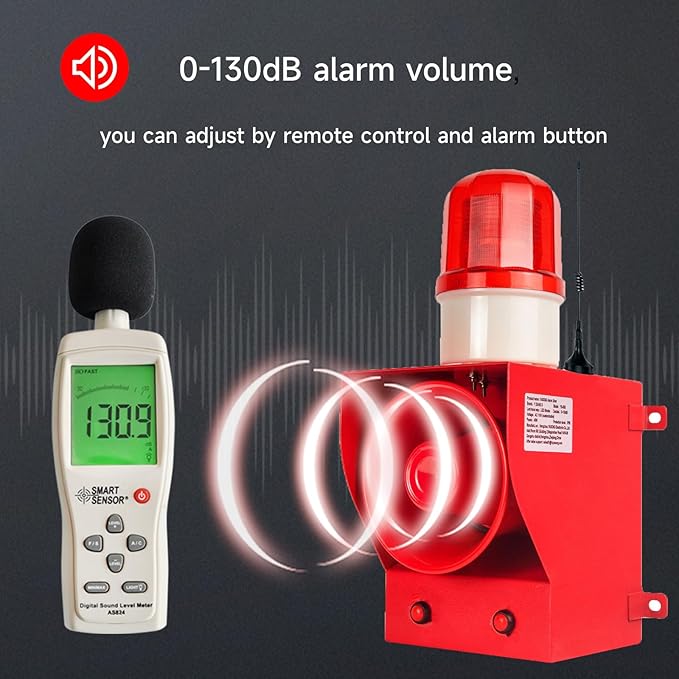 0.31mile Wireless Remote Control Siren Adjustable Volume Tone Waterproof 130dB Horn Security Alarm Systerm with LED Strobe Light AC110-120V