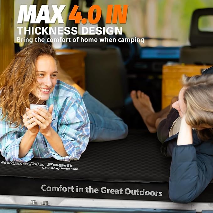 CYMULA 4-inch Self-Inflating Camping Pad, 79"x 52"x 4" Ultra-Thick Double Sized Sleeping Mattress, Inflatable Foam Pads for Camp with Air Pump Sack, Suitable for Adults, Backpacking Travel, Black