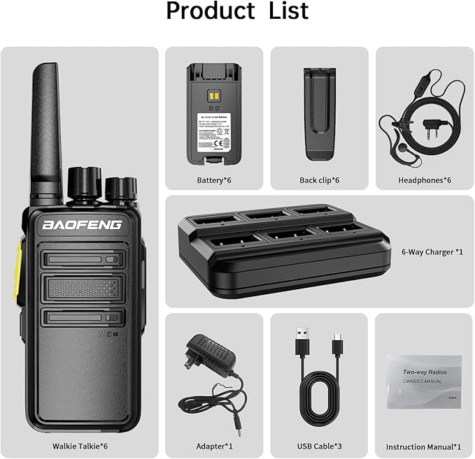 BAOFENG BD-V12B Radio 6 Pack Long Range Walkie Talkies for Adults, Portable FRS Two-Way Radios Rechargeable, with 6 Way Gang Charger,Earpiece,Typc-C Charging for School,Restaurant,Men,Birthday Gifts