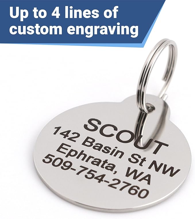GoTags Paw Print Round Stainless Steel Pet Tag for Dogs and Cats, Personalized with 4 Lines of Custom Engraved ID with Silencer, in Stainless Steel and 15 Colors Small and Large, Glitter Red