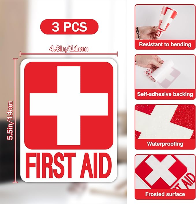 3PCS First Aid Sign Sticker for Home，Self-Adhesive Waterproof First Aid Decals for First Aid Boxes, Emergency First Aid Kit Supplies for Car, Office or Business 5.5''X4.3''