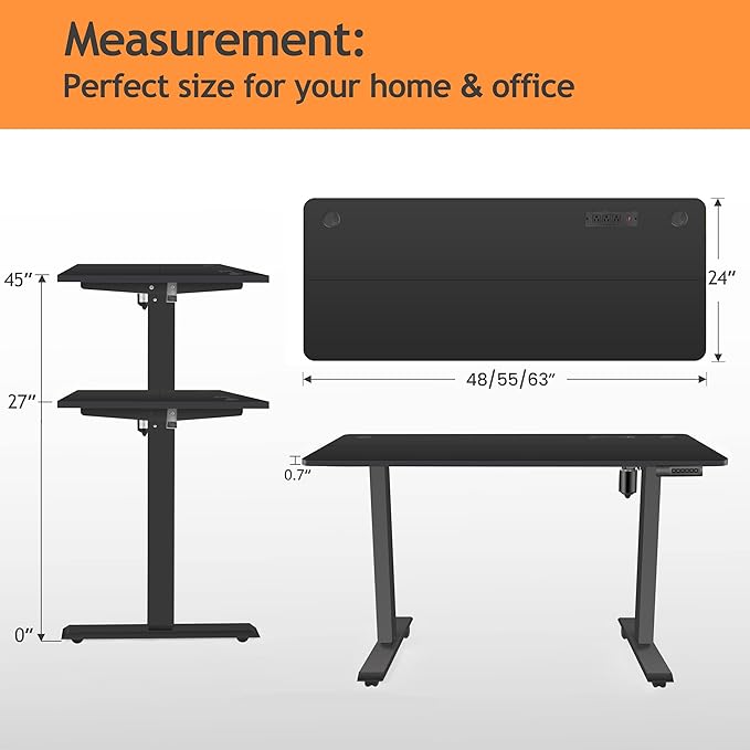 Electric Adjustable Height Standing Desk, 48×24 Inches Sit Stand Desk with Power Socket, 2 USB Ports, 3 Power Outlets, 4 Wheels,4 Memory Buttons Home Office Computer Workstations(Black)