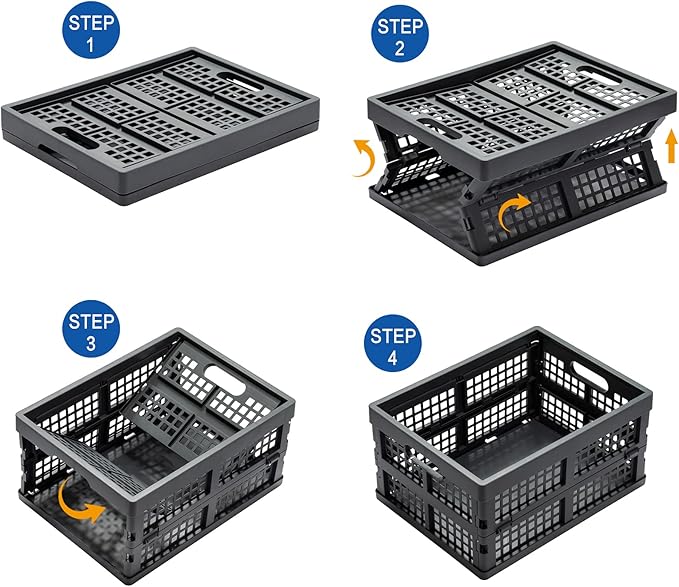 16L Collapsible Storage Crates,Folding Plastic Crates for Storage,Pack of 4,Gray
