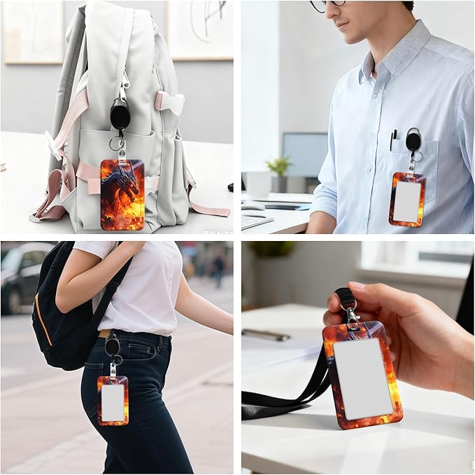 ID Badge Holder with Retractable Lanyard for Women & Men,Vertical ID Card Holder Wallet,Clear Window&Card Slot,Detachable Neck Strap for Nurse Teacher Office,Dragon Fire Ruins