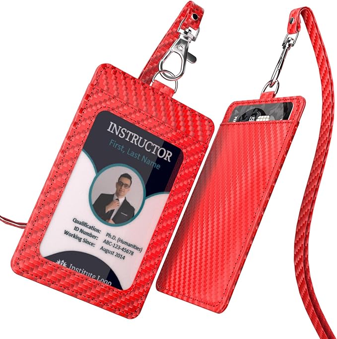 Carbon Fiber Work ID Card Holder with Lanyard is a Stylish and Durable Card Holder with Dual Card Capacity, Clear Display Window and Privacy Back Pocket (Red)