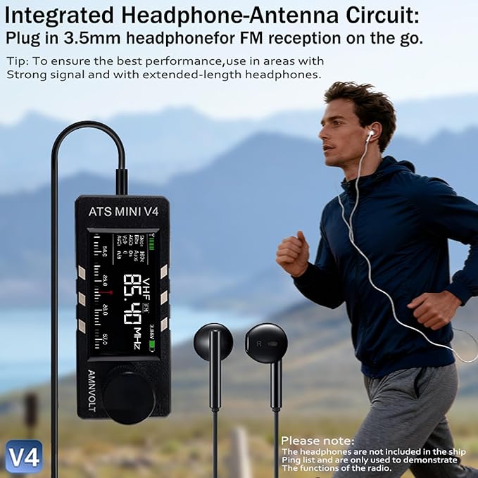 AMNVOLT V4 ATS MINI DSP Radio, ESP32-S3 & SI4732 Chip, Multi-Band AM/FM/LSB/USB Receiver, 1.9'' IPS Color Screen, with Headphone Amplifier & Hi-Z Circuit, Portable for Travel and Radio Enthusiasts