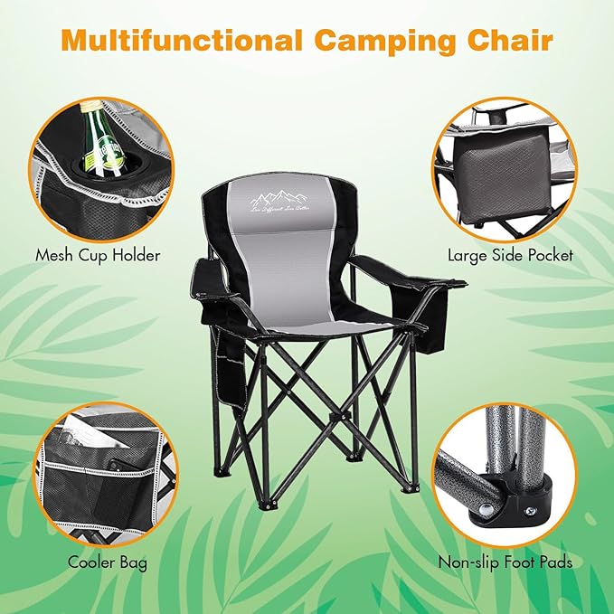 Folding Camping Chair Portable Outdoor Heavy Duty Padded Chairs Lawn Chair with Cup Holder, Storage Pocket and Cooler Bag, Supports 450LBS Black