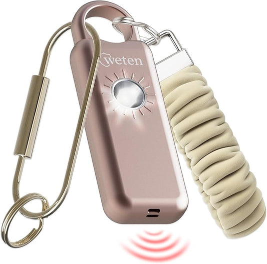 Weten Personal Safety Alarm Keychain – 130dB Siren with Bottom Speaker, LED Light, Wristlet & Carabiner Clip – Weatherproof Self Defense Alarm with Low Battery Alert (Metallic Rose)