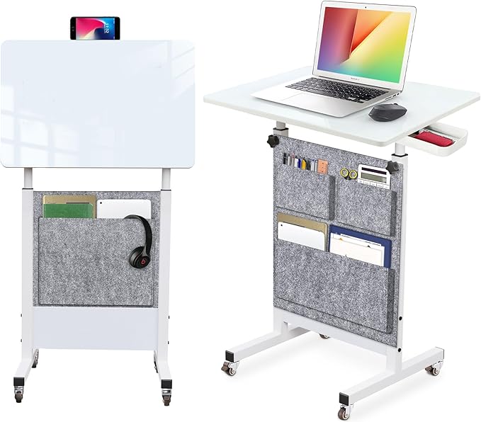 KOUPA Adjustable Height Standing Desk, Writable Tempered Glass Desktop with Eraser, 360° Flip, Wheels and Bag– Ideal for Small Spaces and Home Offices, 24 in, White(Adjustable Height: 32-47 in)